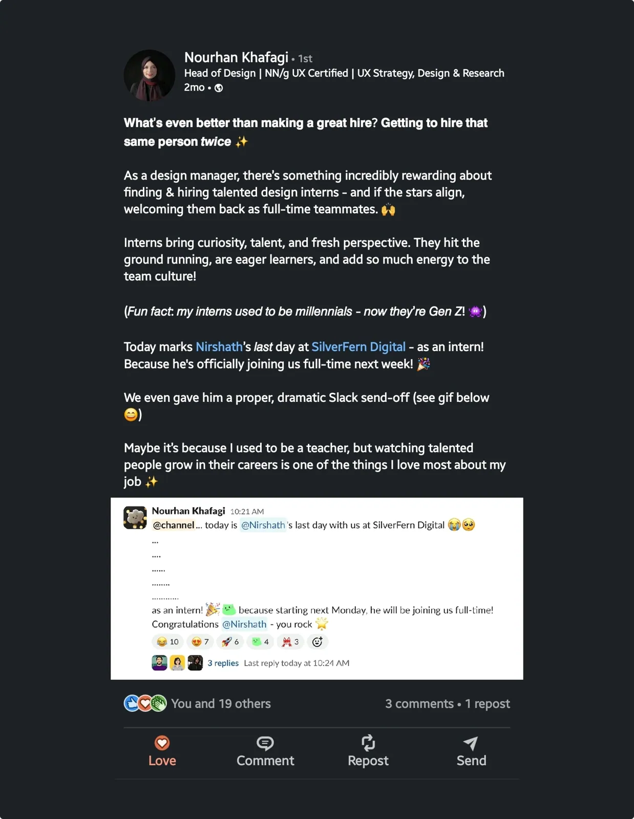 My manager’s LinkedIn post about my work